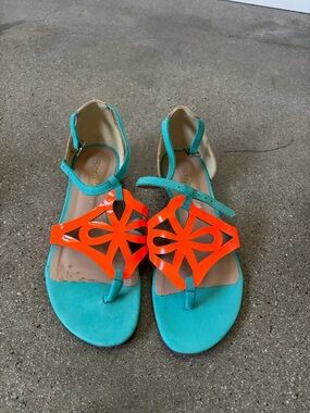 Women’s Turquoise and Orange Cutout T-Strap Sandals